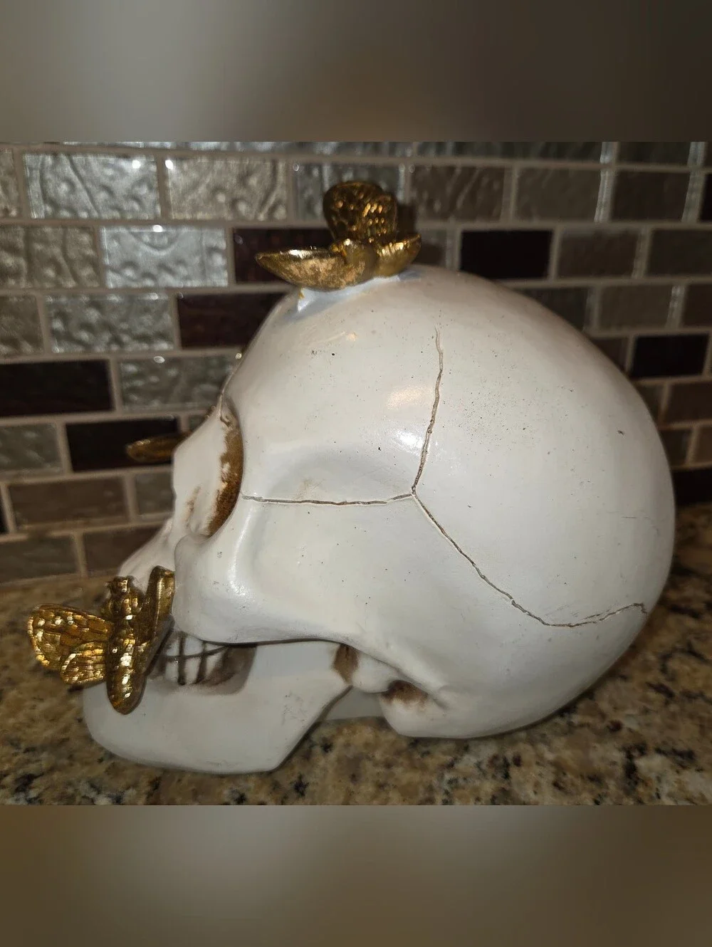 Decorative Resin Halloween Spooky White Skull with Gold Butterflies/moths